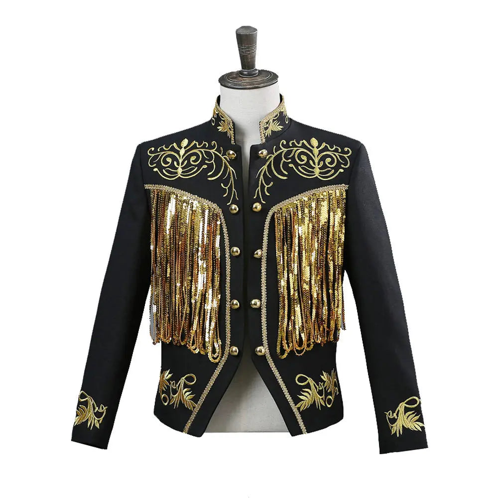 Steampunk Men's Jacket DJ Dancer Ternos White Men Costumes Clothing Black and Gold Blazer with Sequin Tassels for Performer