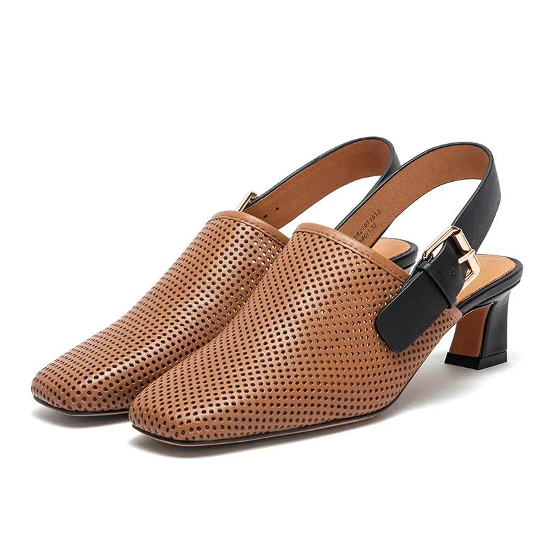 Women's shoes Luxury brand summer sandals leather medium high heel hollow breathable temperament girls shoes 35-40 yards