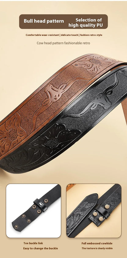 Western Cowboy PU Leather Belt - Men Waist Strap Bull Decoration Floral Engraved for Jeans