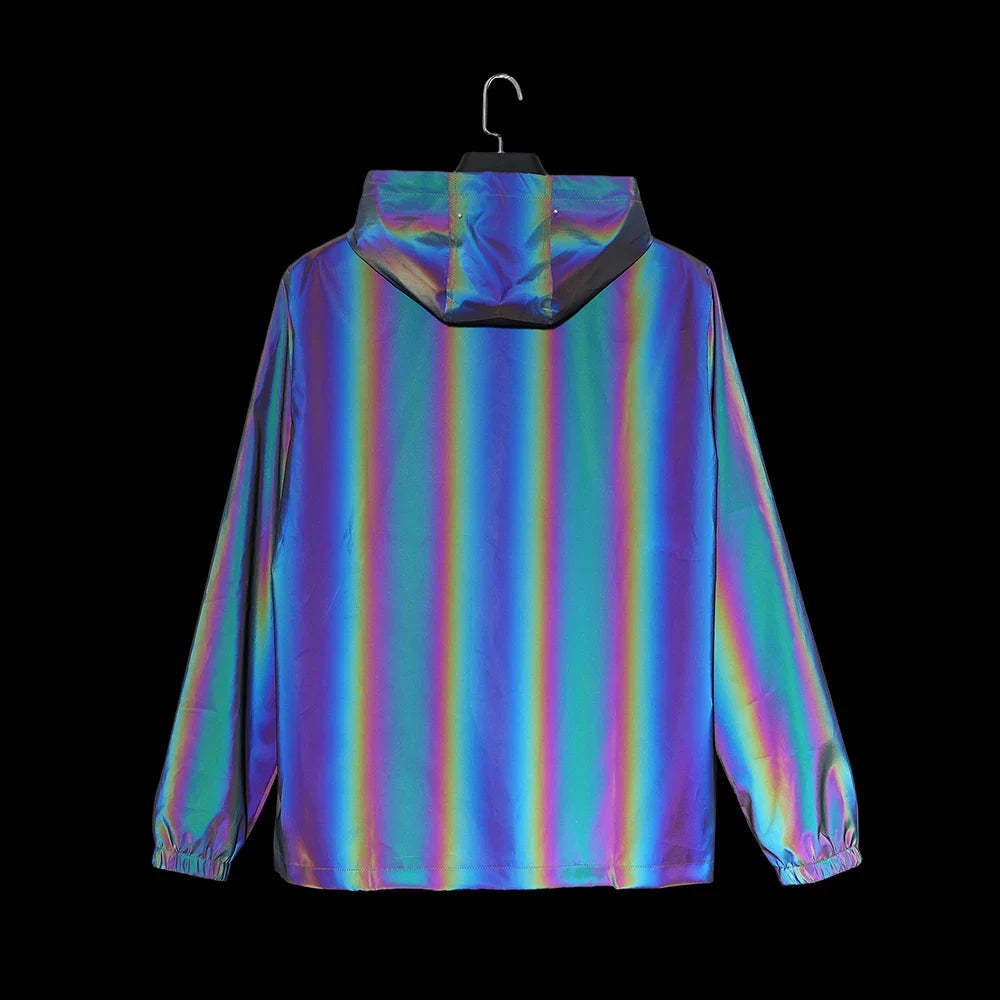 Men Reflective Jacket Gradient Colorful Hip-hop Streetwear Night Outdoor Hooded Windproof Coats Fashion Dance Skateboard Clothes