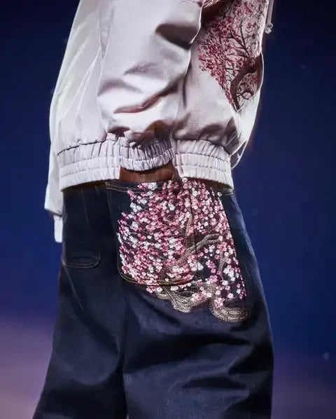 Y2K Vintage Low Waist Hip Hop Cherry Blossom Embroidered Jeans  Wide Leg Trousers Clothes Mens Embroidered Baggy Jeans Womes