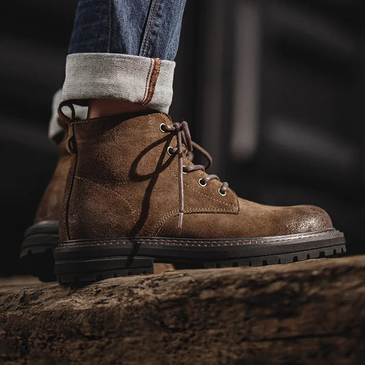 Men's Vintage Split Suede Boots Brown High-Top Work Boots Lace-Up Desert Ankle Rugged Sole Boots Outdoor Winter Fall Shoes