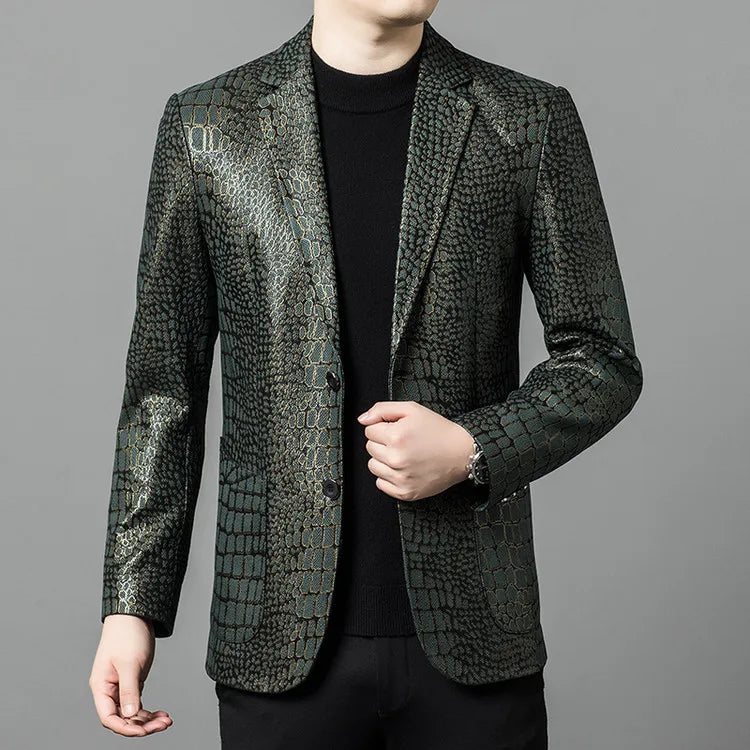 Luxurious Sheepskin Blazers For Men Smooth Casual Leather Jacket Winter Top Quality Leopard Print Slim Gentleman Terno Masculino