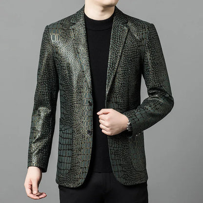 Luxurious Sheepskin Blazers For Men Smooth Casual Leather Jacket Winter Top Quality Leopard Print Slim Gentleman Terno Masculino