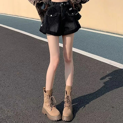 2024 Summer Women Shorts Pants Lady High Waisted Loose High Street Denim Pants Female Streetwear Black Gray Wide Leg Short Jeans