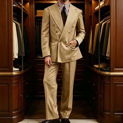 Men's Khaki Suit 2 Piece Set Double Breasted Peak Lapel Blazer Straight Leg Pants Fashion Formal Outfit Business Casual Wedding