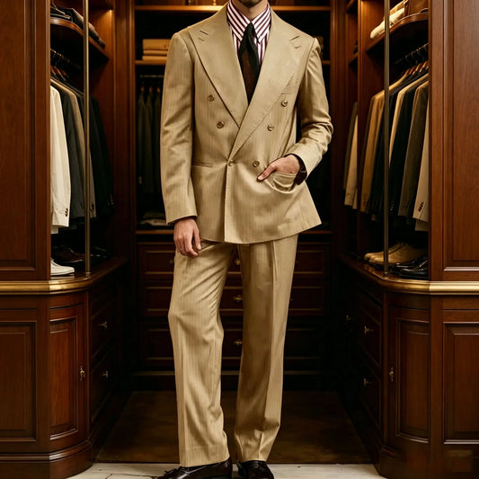 Men's Khaki Suit 2 Piece Set Double Breasted Peak Lapel Blazer Straight Leg Pants Fashion Formal Outfit Business Casual Wedding