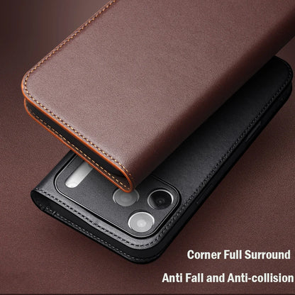 Genuine Leather Flip Case for iPhone 17 Plus Handmade Fashion Cover with Card Slots for iPhone 16 15 14 13 Pro Max 17Air