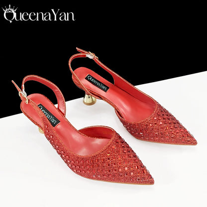 Coffee Color Elegant Lady Shoes And Bag Set with Full Rhinestone Embellished Pearls-knot And Comfortable Heel