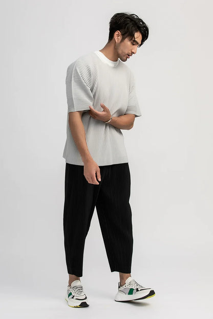 Miyake Shirt Thin Breathable Short Sleeve Round Neck T Shirt Summer Solid Sports Top Miyake Pleated Men