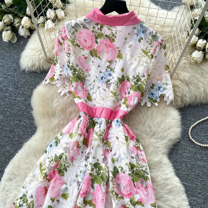 Embroidery Flower Vacation Dress French Style Blet Lapel Slim High Quality Hollow Out Ladies Elegant A-line Long Dress