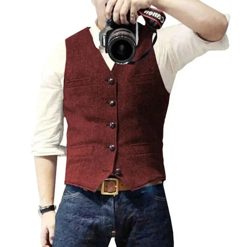 Mens Suit Vest Tweed Retro V Neck Wool Herringbone Waistcoat for Prom Single Breasted Males Dress Suit Vest Plus Size