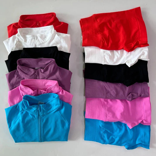 2pcs Long Sleeve Yoga Set Women Half Zippy Jacket Longline Sports Top Gym Shorts Fitness Suits Running Coats Workout Set