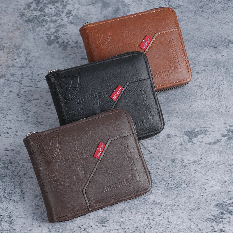 Casual Men's Leather Wallet Short Bifold Wholesale Coin Purse Zipper Pocket Cross-Border Popular Hard Cover Money Holder