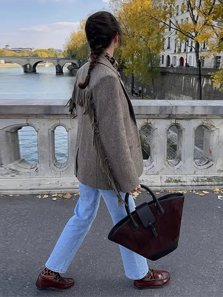 Tassels Woolen Suit Jacket Women Elegant Turn-down Collar Long Sleeve Single Breasted Pocket Autumn Winter Coats New Outerwears