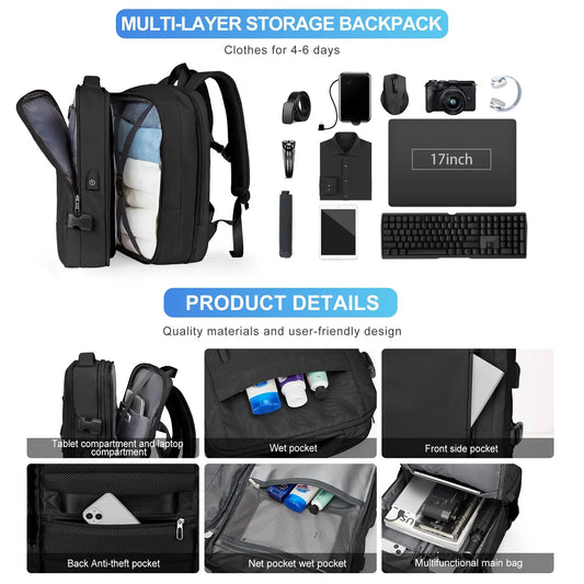 Men Backpack Business Travel Backpack Carry on Waterproof Expandable Backpacks Large Capacity Weekend Traveler Laptop Bag