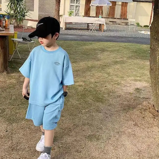 Summer Casual Boys Cotton Loose Alphabet T-shirt Tops+Short Pants Set School Kids Tracksuit Children 2-Piece Outfit Suit 2-14Yrs