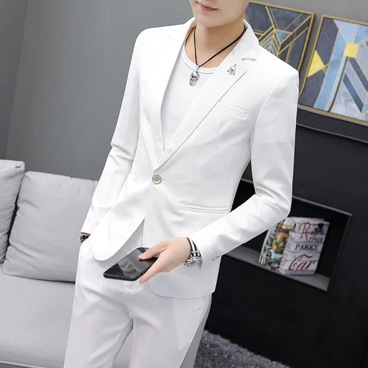 2026 High Quality Casual Suit for Men (Suit + Trousers) Young Solid Color Handsome Korean Version Fashion Slim Two-Piece Set