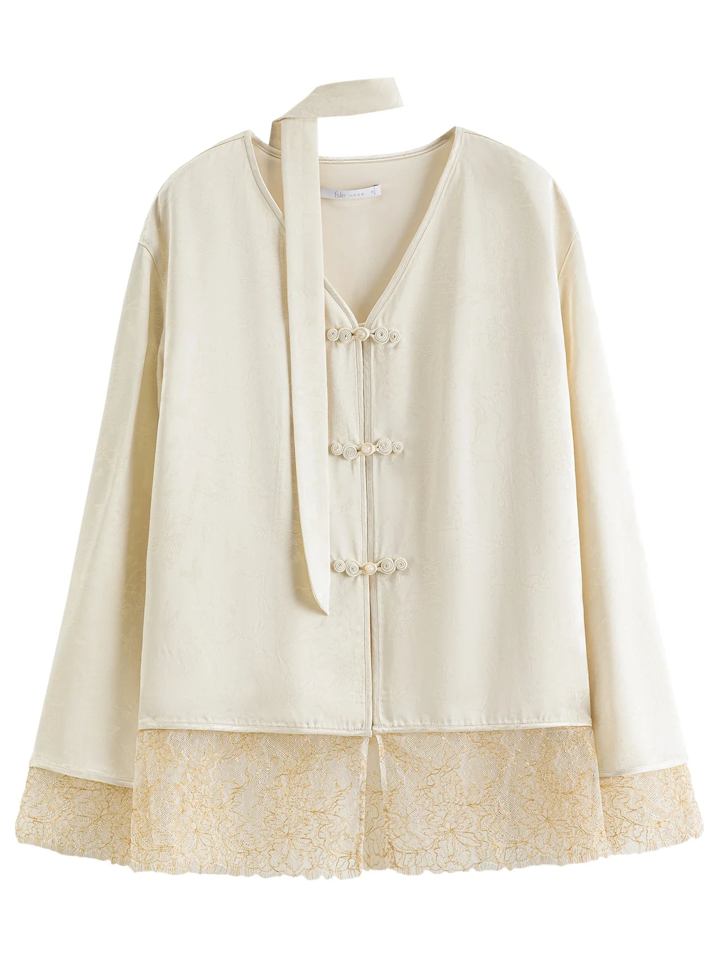 New Chinese-inspired Women's Satin Jacquard V-Neck Blazer Button Closure Acetate Fabric Sash Blouse Spring 2026 New Arrival