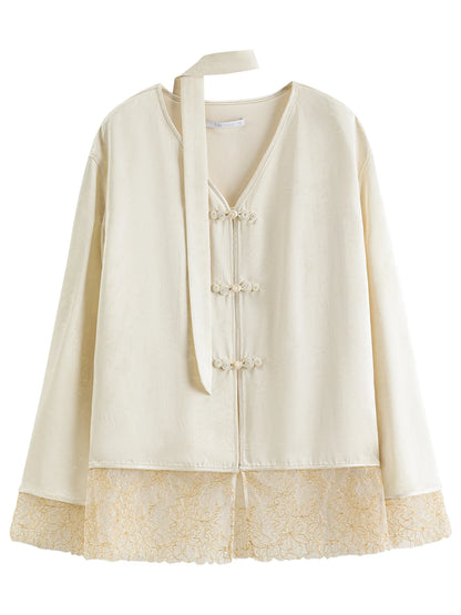 New Chinese-inspired Women's Satin Jacquard V-Neck Blazer Button Closure Acetate Fabric Sash Blouse Spring 2026 New Arrival