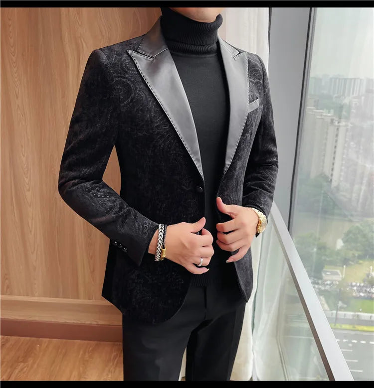 2025 Fashion Leather Neck Spliced Suit Jacket Luxury Men's Business Slim Fit Social Formal Blazers Coats Wedding Groom Tuxedos