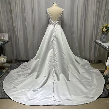 Customized Princess Wedding Dress A-Line Deep V Neck Lace Appliques Bride Dresses Satin Fabric Boho Cheap Dubai Wedding Gowns