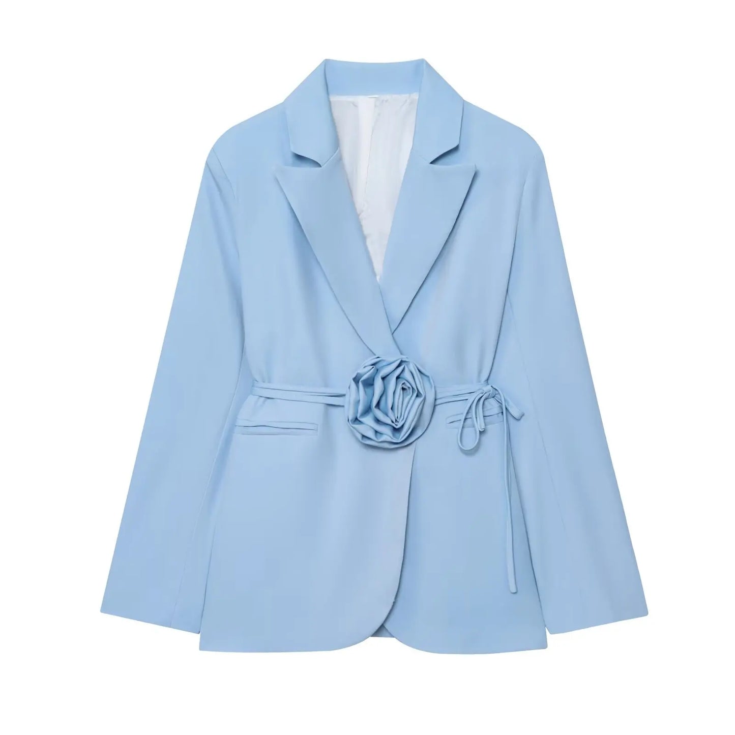 Women Notched Lapel Blazer with Floral Rose Belt Waist Tie Slim Long Sleeve Suit Jacket