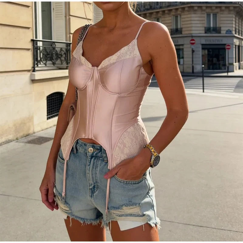 Sexy Lace Patchwork Women Tank Top Club Zippers Sling Deep V-neck Backless Female Vest 2026 Summer Vacation Lady Crop Tops