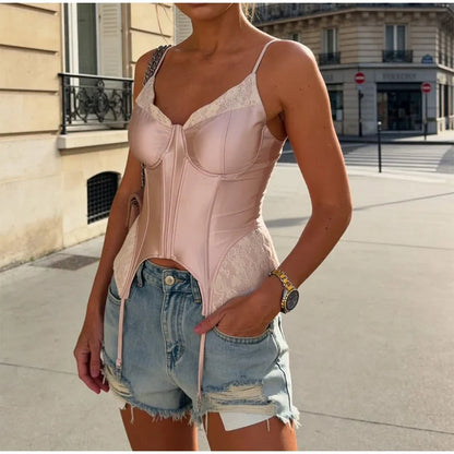 Sexy Lace Patchwork Women Tank Top Club Zippers Sling Deep V-neck Backless Female Vest 2026 Summer Vacation Lady Crop Tops