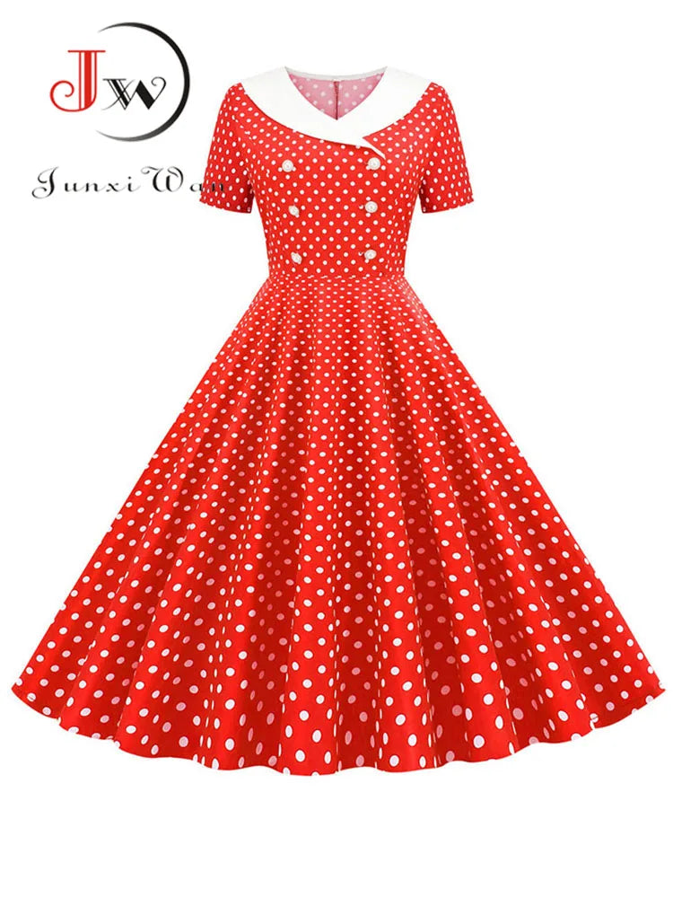 Summer Midi Dress Women Elegant Pink Vintage Party Sundress Casual Peter pan Collar Short Sleeve Dress