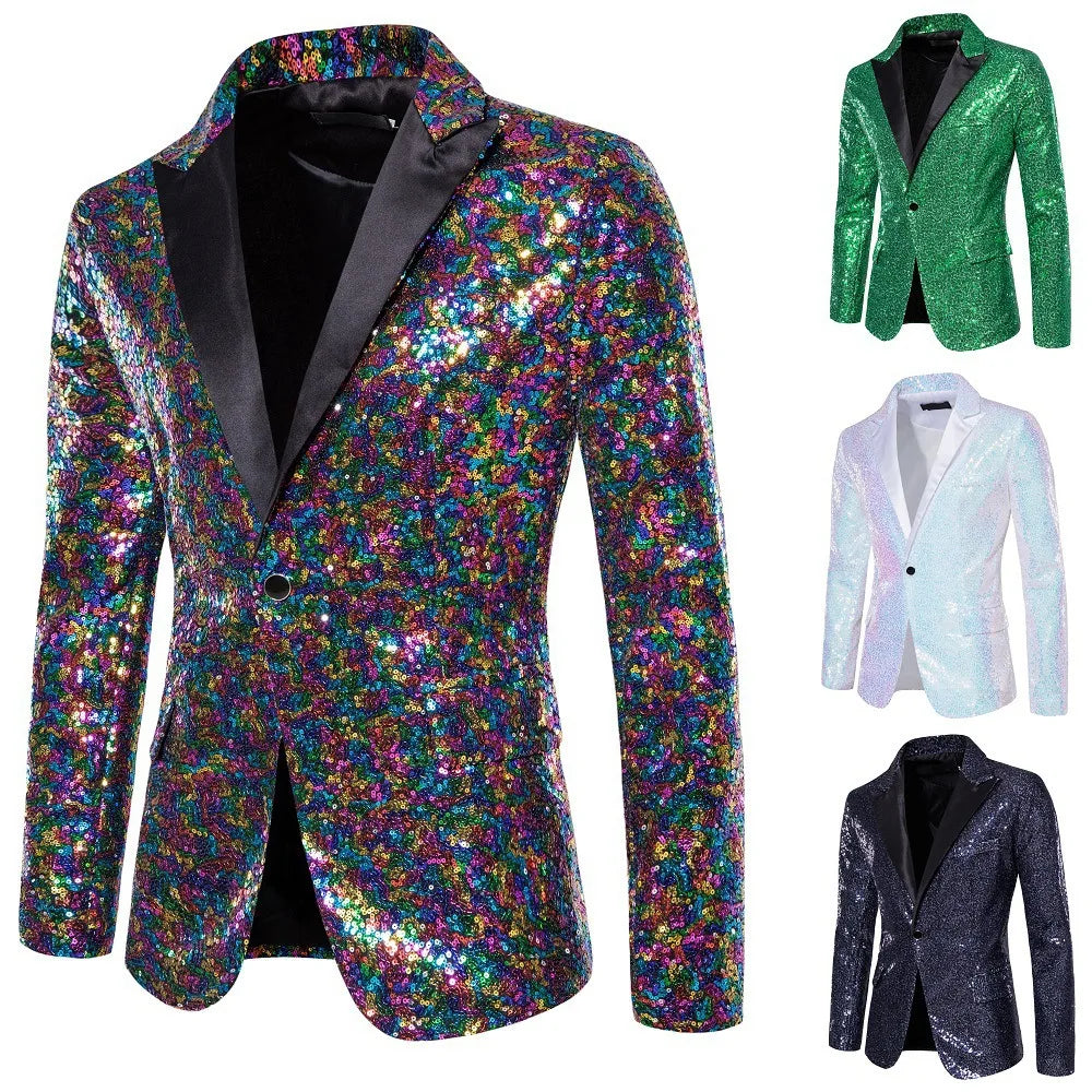 2026 Men's Suit Jacket, Shiny Sequin Stage Performance Coat, White Silver Blue Red Purple Blazers V-neck Single Button S-XXL
