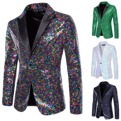 2026 Men's Suit Jacket, Shiny Sequin Stage Performance Coat, White Silver Blue Red Purple Blazers V-neck Single Button S-XXL