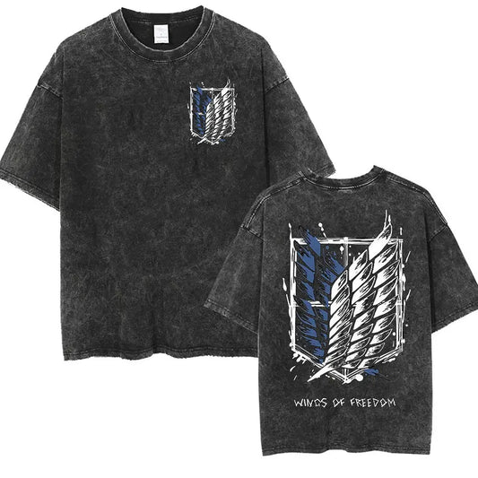 Anime Attack on Titan Vintage Washed Print T-shirt Mikasa Ackerman Eren Jaeger Wings of Freedom Logo Mens Summer Cotton T-shirts