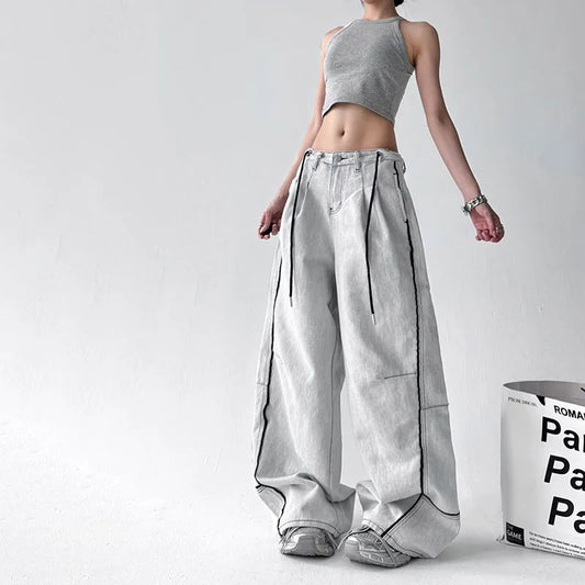 Korean High Street Hip-Hop Wide Leg Pants Women'S Jeans Striped Color Blocked Casual High Waisted Loose Straight Leg Pants