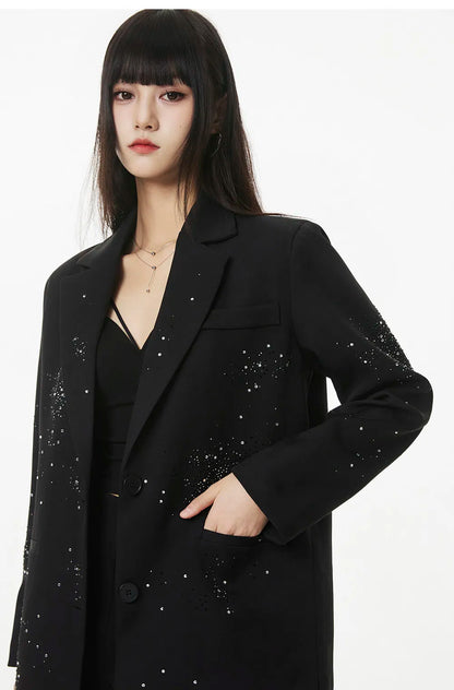 Women's Rhinestone Blazer Long Sleeve Suit Jacket Designer Loose Fit Office Casual Sparkly Blazer Fashion Outerwear Coat