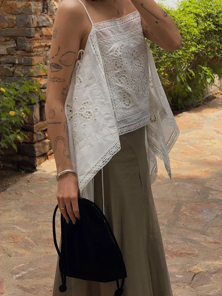 Thin Strap Square Neck Hollow Embroidery Women Cami Top Back Self Tie String Irregular Asymmetrical Lace Hem Loose Cropped Tank