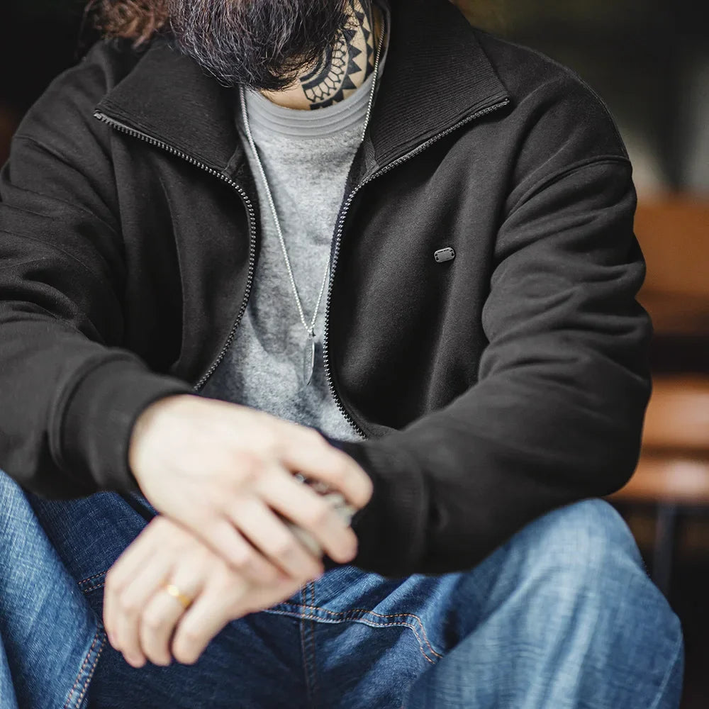 Men's High Neck Warm Jacket Polar Fleece Lining Thickened Coat Casual Sports Style Cardigan Sweater Vintage Tennis Jacket