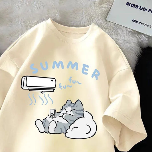 Summer Japanese Cartoon Cute Cat Funny Printed Short-sleeved T-shirt for Ladies and Boys Same Loose Casual Large-size Top