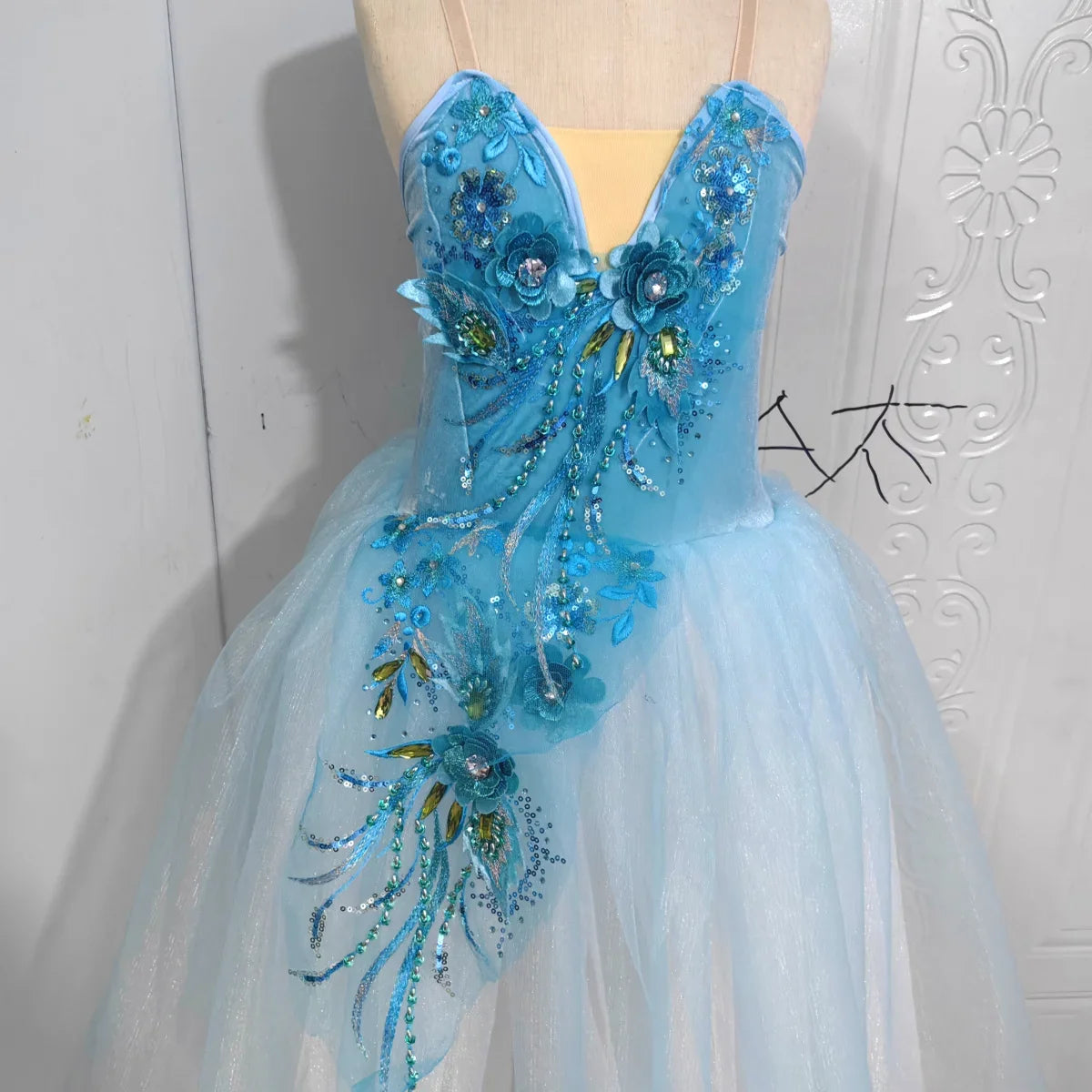 Long Ballet Tutu Skirts Blue 3d Flower Dress Performance Costumes Princess Dance Practice Romantic Dress