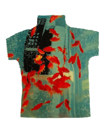 Kimotimo Harajuku Folds Goldfish Print T-shirt Women Summer Y2k Aesthetic Turtleneck Slim Crop Top Short Sleeve Ropa De Mujer