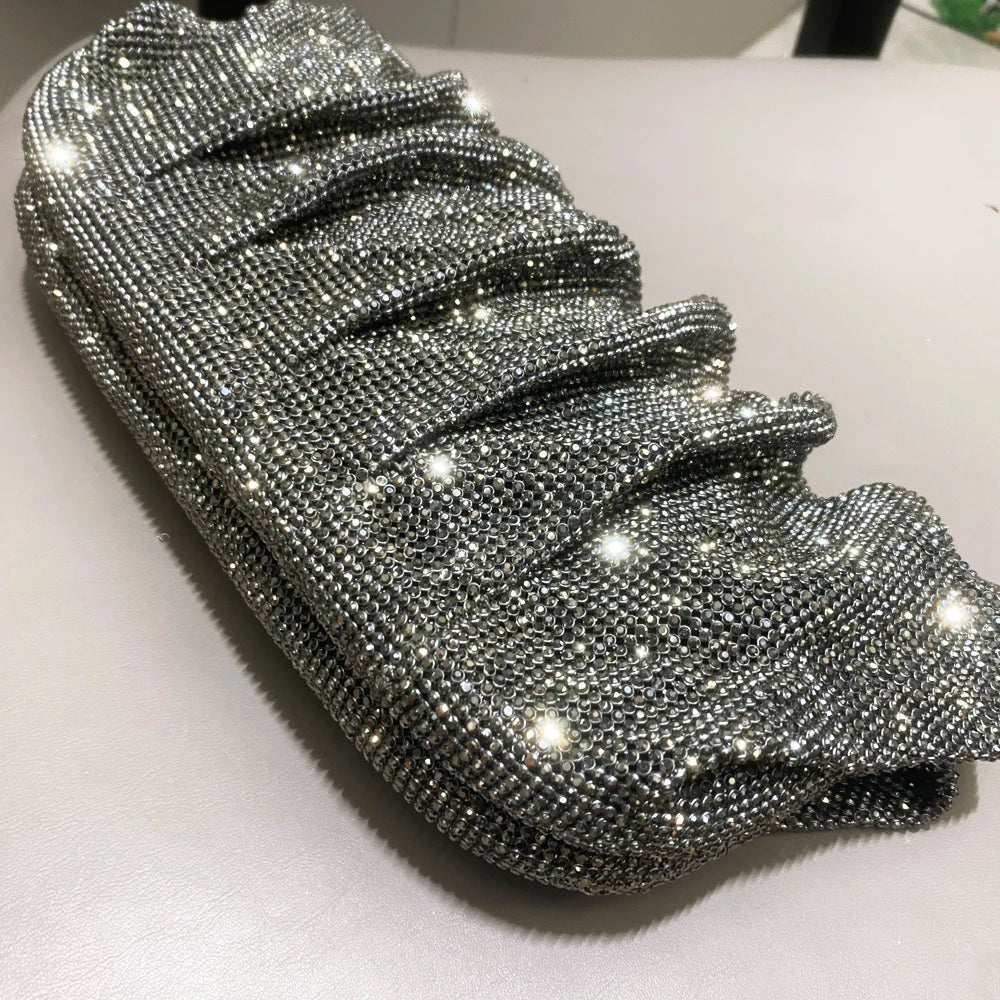 Shiny Handle Rhinestones Handmade Evening Clutch Bags New Folds Purses And Handbags Luxury Designer Wedding Party High Quality