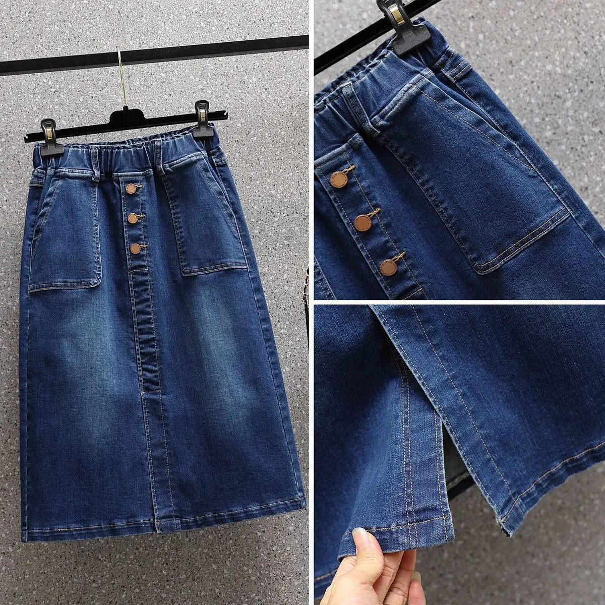 Summer New Women Elastic Waist Denim Skirts Korean Style Elegant Oversized High Waist Slit Skirts Mid Length Ladies Skirts