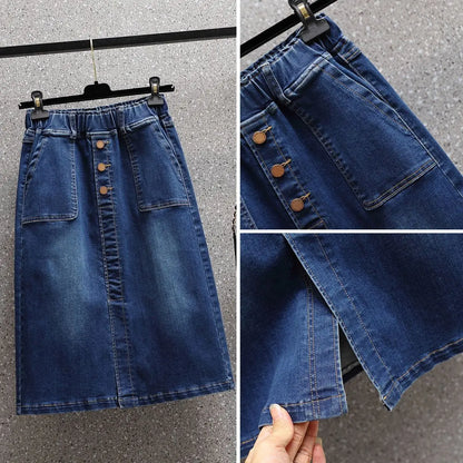 Summer New Women Elastic Waist Denim Skirts Korean Style Elegant Oversized High Waist Slit Skirts Mid Length Ladies Skirts