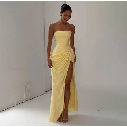 Women Strapless Pleated Long Dress Elegant Solid Split Sleeveless Backless High Waist Slim Fit Maxi Dresses 2026 Lady Party Robe