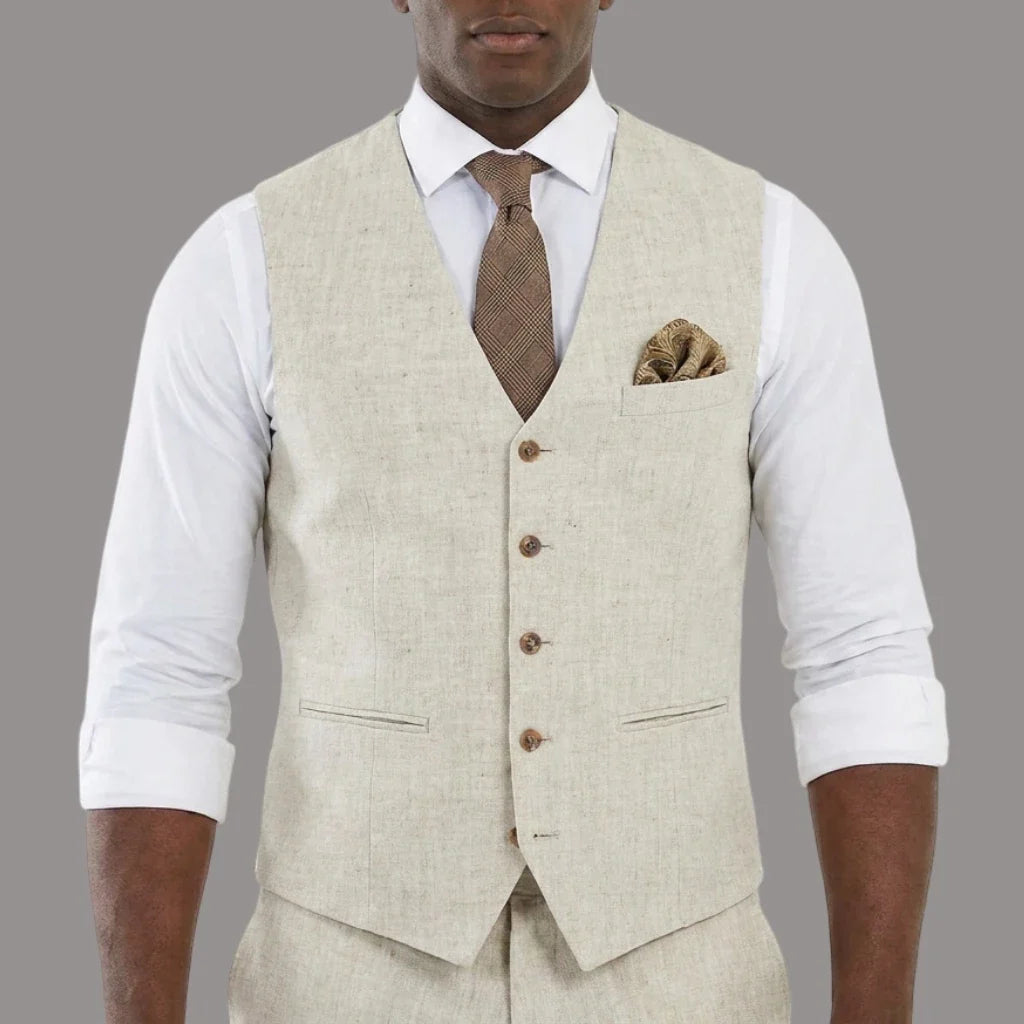 Beige Linen Men Vest for Wedding Party 1 Piece Summer Beach Male Waistcoat V Neck Fashion Coat New Arrival