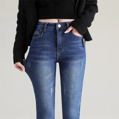 2023 Fashion Women Stretch High Waist Pencil Pants Casual Female Velvet Jeans High Quality Fleece Mom Jeans Thick Plush Pants
