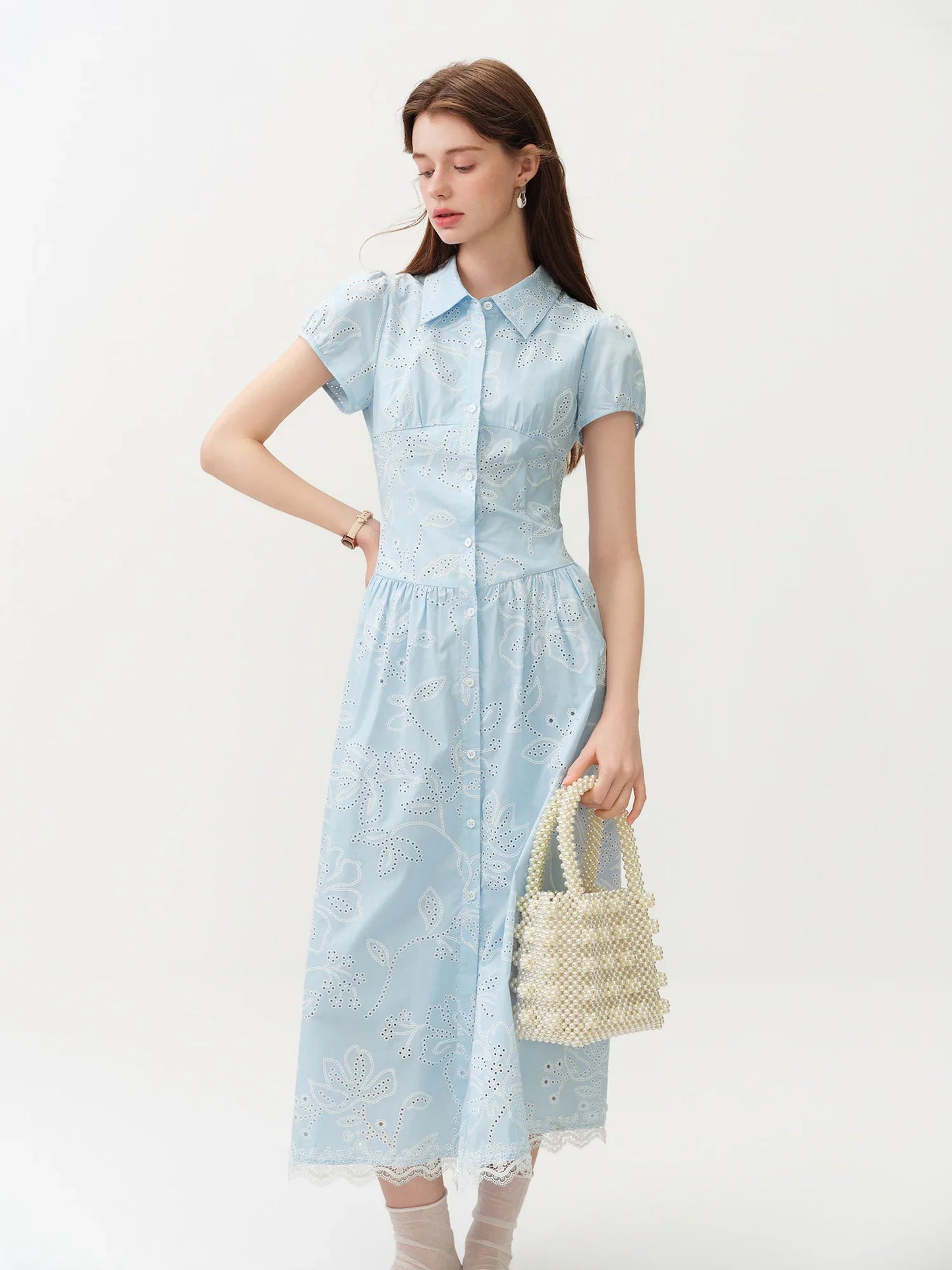 Women's Light French Style Cotton Lapel Hollow-out Print Waist-Fitted Short Sleeve Shirt Dress 2026 Summer New Arrival
