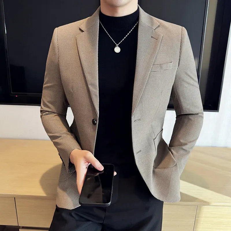 Korean Vintage Elegant Men's Business Slim Fit Suit Jacket 2026 New Fashion Lapel Single Breasted Men Social Party Dress Coats