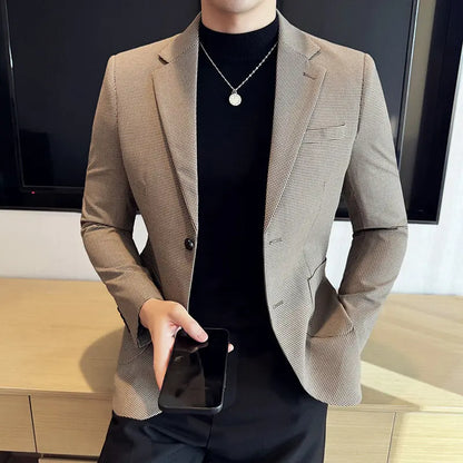 Korean Vintage Elegant Men's Business Slim Fit Suit Jacket 2026 New Fashion Lapel Single Breasted Men Social Party Dress Coats