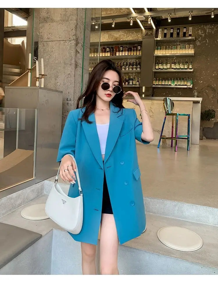 Korean Fashion Loose Thin Blazer Women Spring Autumn New Extra Large Mid Length Short Sleeved Women Coat Casual Outwear